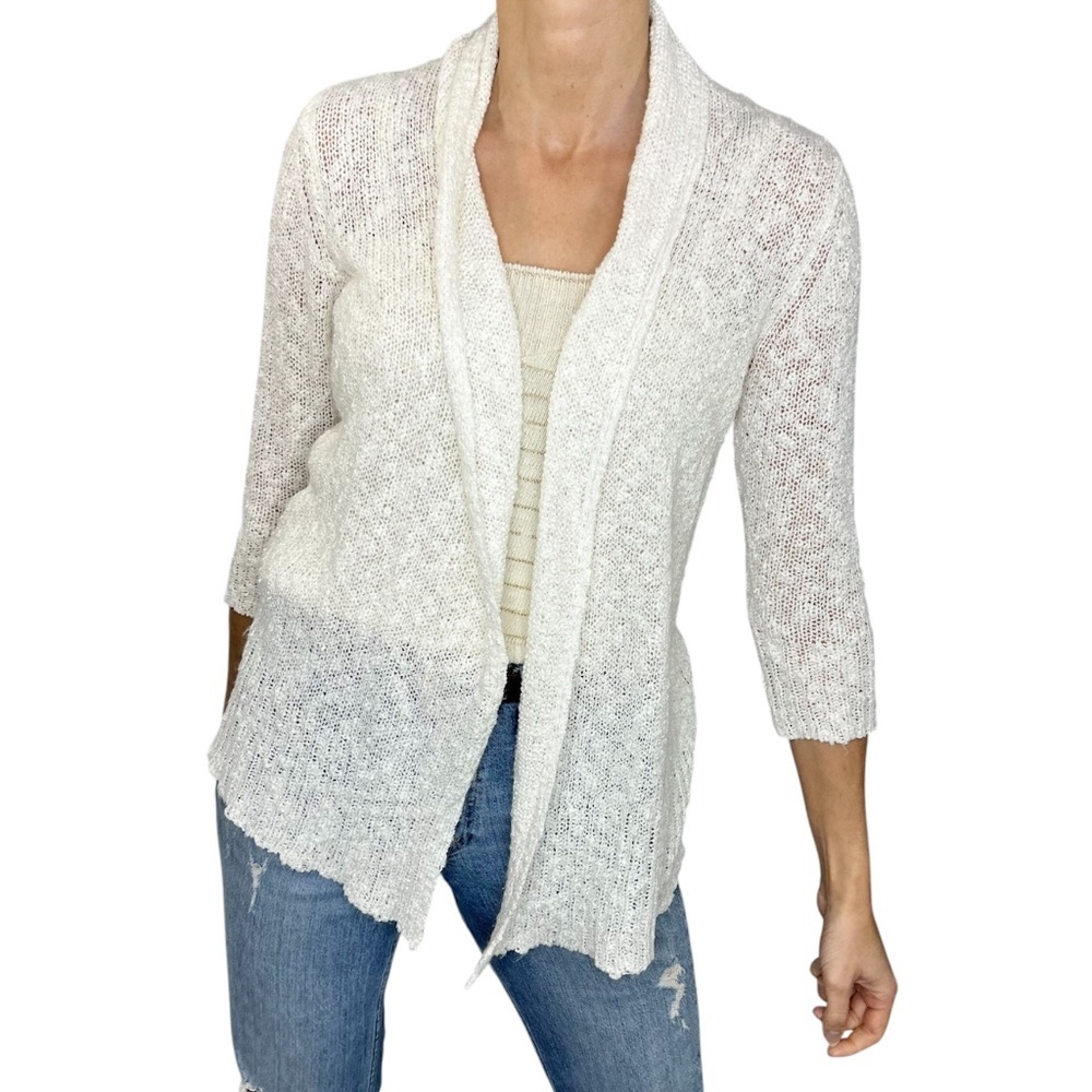 Open front white lightweight knit 3/4 length sleeve cardigan sweater